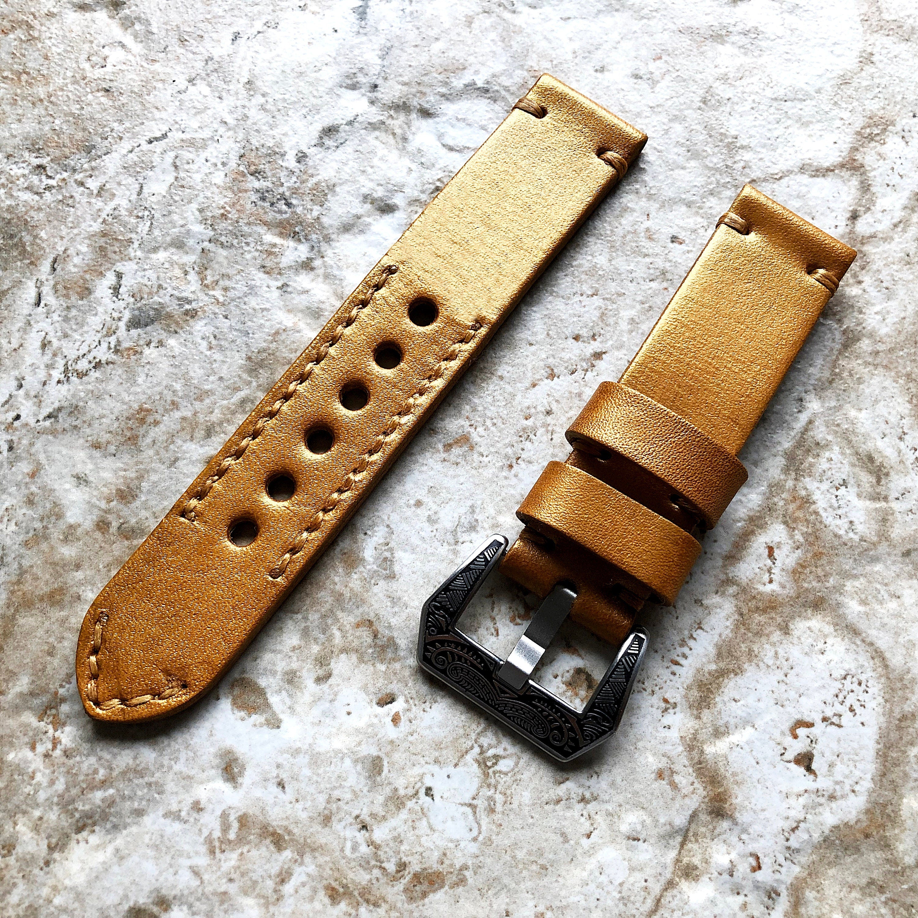 Gold Color Band 22mm 24mm 25mm Leather Compatible with Apple Watch Ultra 2 9 8 7 SE 6 5 4 3 2 1 Fitbit Versa 2 3 4 Sense 2 Ionic Strap